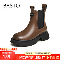 BASTO 百思图 冬季时尚简约休闲烟筒靴粗跟女短靴LD919DD3 棕色 35