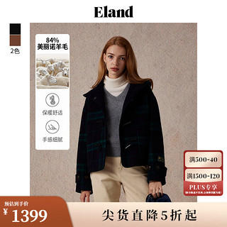 E·LAND 衣恋 ELAND衣恋毛呢外套女格纹保暖短款大衣2024秋季85%绵羊毛 猎人绿(62)Hunter L/170