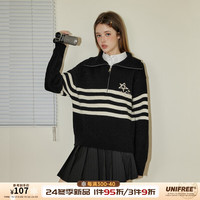 UNIFREE【24年秋款】韩系甜美星星刺绣简约撞色条纹宽松翻领套头毛衣 黑色 均 码
