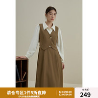 独束（DUSHU）大码女装假两件复古连衣裙女冬装马甲拼接衬衫翻领压褶裙子 卡其咖（适合165以上身高） L