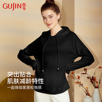古今(GUJIN)女士仿罗纹连帽套头舒适休闲家居服睡衣可外穿上衣内搭打底衫 经典黑 165(L)建议111-120斤