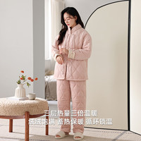 猫人新中式女士夹棉睡衣秋冬加绒加厚三层夹棉保暖家居服过冬神器套装 QRV-61061-海岛绒提花 2XL
