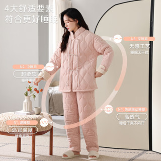 猫人新中式女士夹棉睡衣秋冬加绒加厚三层夹棉保暖家居服过冬神器套装 QRV-61061-海岛绒提花 2XL