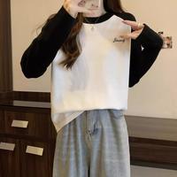 唐狮 TONLION2024冬季女圆领前胸图案撞色插肩袖打底衫休闲韩版百搭上衣潮