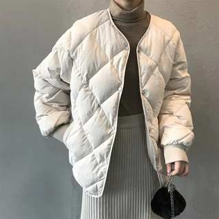 薇靡雅（WEIMIYA）短款棉服女冬季韩版宽松菱格棉衣外套加厚面包服棉袄 米白色 XL