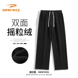 Deerway 德尔惠 摇粒绒阔腿裤男冬季潮流宽松百搭学生长裤户外保暖防风运动休闲裤 黑#纯色 2XL