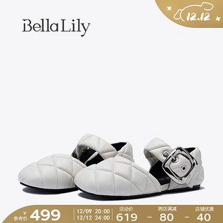 Bella Lily2024夏季温柔小香风玛丽珍鞋女菱格单鞋羊皮平底鞋 米白 39