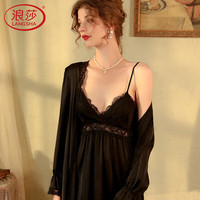 浪莎吊带睡裙女夏款纯欲风带胸垫两件套性感睡衣仿冰丝家居服 黑色 M