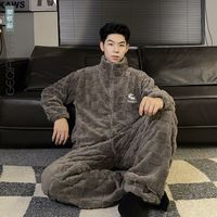 歌倩雅睡衣男秋冬季珊瑚绒加绒加厚法兰绒青年男士拉链保暖家居服