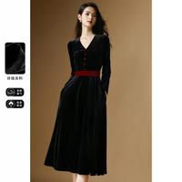 2024秋冬气质V领淑女长裙丝绒优雅贵气感高腰长袖连衣裙