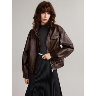 时髦安哥拉红皮衣外套女2024年冬季款摩登酷飒落肩皮夹克女
