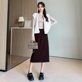 薇靡雅（WEIMIYA）螺纹半身裙女春秋季高腰修身针织中长款长裙开叉a字包臀裙子 咖啡 M适合70-95斤