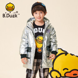 B.Duck 小黄鸭 男童中长款连帽卡通亮面冬装加厚棉服（清仓处理）