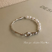 Trendolla个性甜酷巴洛克珍珠爱心手链时尚气质Lucky幸运吊牌手环个性手饰 半圈珍珠手链