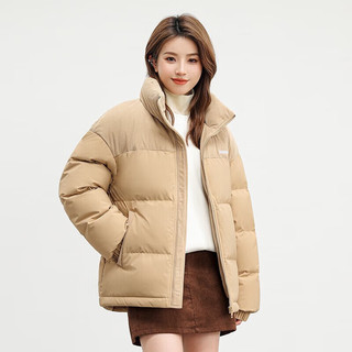鸭鸭（YAYA）【陈哲远同款】撞色拼接羽绒服女2024设计感冬季简约外套 卡其色 M【105-125斤】
