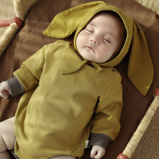 巴厘小猪包屁衣新生婴儿衣服春秋季初生儿三角哈衣秋款爬服睡衣宝宝连体衣 奶油杏 90cm
