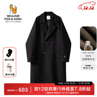 William fox&sons新复古回潮男装850G重磅初剪精梳羊毛呢合体双排扣中长款羊毛大衣 黑色 S /46