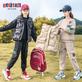 WEEKENDS女童秋冬冬装套装加绒24洋气儿童卫衣加厚马甲三件套