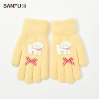 三福手套可爱蝴蝶结小狗骑行防风毛绒保暖五指手套冬季女2024