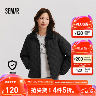 Semir 森马 棉服女灯芯绒翻领菱形格复古2024冬三防宽松轻薄棉衣 黑色90001 175/96A/XXL