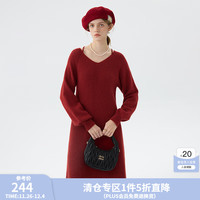 范思蓝恩千金风V领纯色甜美针织连衣裙2024冬装14372 复古红 XS