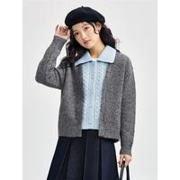 2024年秋冬厚实假两件撞色翻领毛织开襟针织衫女士 毛衣
