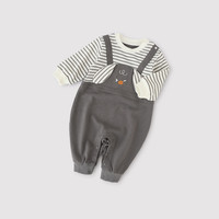巴厘小猪婴儿秋装超萌可爱男宝哈衣卫衣幼儿春秋款外出服假两件宝宝连体衣 太空灰 100cm