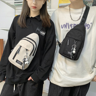 2024工装帆布胸包男士ins日系休闲小挎包少女手机小背包 黑色+几何熊猫挂件