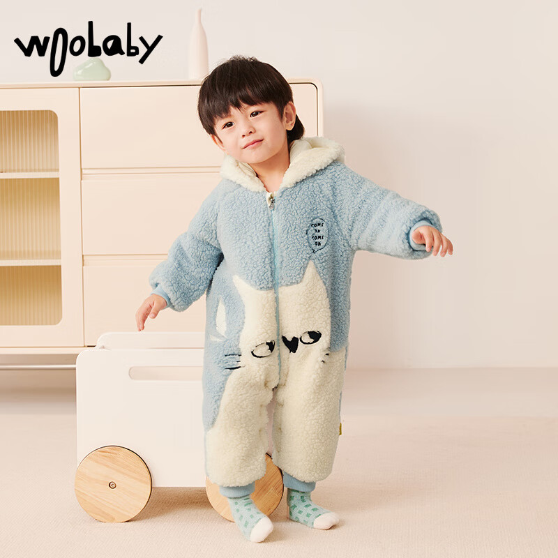 Woobaby新生儿羊羔绒爬服秋冬季宝宝连体衣婴童哈衣加厚保暖童装 卡蒂克蓝色 73cm