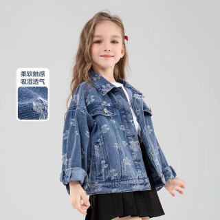 左西女童牛仔外套儿童秋装2024秋季翻领工装夹克提花上衣