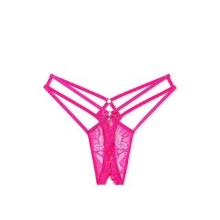 维多利亚的秘密（Victoria's Secret）丁字裤蕾丝维密内裤女双带镂空性感若隐若现火辣情趣内衣 Crotchless Black 开放式 1条 XL