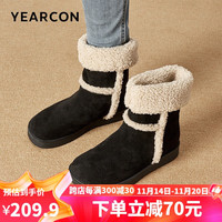 意尔康棉鞋女冬季加绒保暖雪地靴圆头绒面平底短靴 26334W 黑色 36