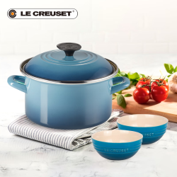 LE CREUSET 酷彩 珐琅钢双耳汤锅20cm奶锅法国进口炖煮蒸煲汤多功能煮面辅食锅组套 A款海军蓝3件套 20cm 3.7L