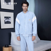 舒雅（Schiesser）男士居家睡衣厚款羊羔绒可外穿棒球服家居服套装E9/21880H 粉蓝7803 XXL