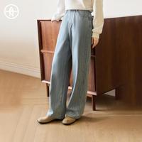 【AN大码系列】2024冬装复古拖地蓝色条纹裤女式直筒牛仔裤
