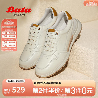 Bata 拔佳 休闲鞋女2024秋季商场牛羊皮通勤透气舒适厚底鞋VLH57CM4 米白 39