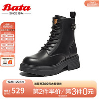 Bata 拔佳 马丁靴女2024冬商场牛皮英伦粗跟增高百搭短筒靴AGC41DD4 黑色-绒里 36