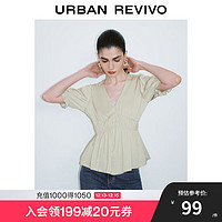 URBAN REVIVO 女士法式气质泡泡袖捏褶V领衬衫 UWG240100 浅绿  M