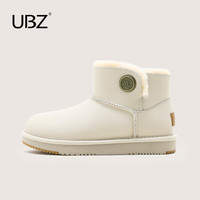 UBZ 防水皮面雪地靴女加绒加厚2024年冬季一脚蹬防滑短筒棉鞋 象牙白 38