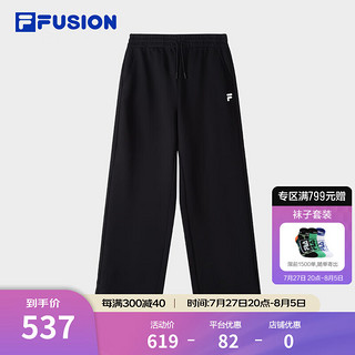 FILA FUSION斐乐潮牌针织长裤女2024秋季时尚简约宽松休闲裤 正黑色-BK XS