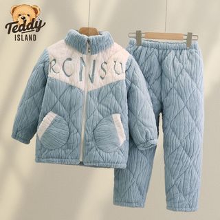 儿童睡衣三层夹棉加厚男童冬季女童拉链法兰绒高领家居服套装男孩