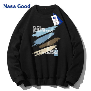 NASA GOOD圆领卫衣男秋季美式青年男生宽松潮牌上衣套头衫外套 黑M 黑色.