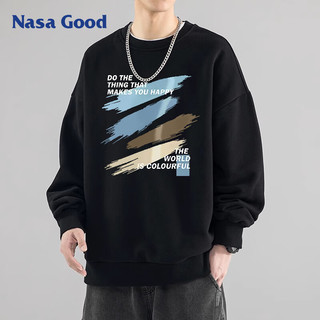 NASA GOOD圆领卫衣男秋季美式青年男生宽松潮牌上衣套头衫外套 黑M 黑色.