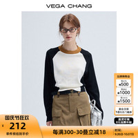 VEGA CHANG毛针织衫女2024年秋季学院风撞色插肩袖圆领上衣 黑白拼色 M