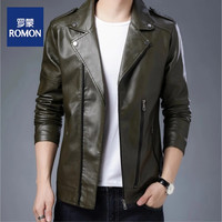 罗蒙(ROMON)皮衣男外套皮夹克机车服修身帅气时尚潮流加绒保暖外套 军绿色 常规 L