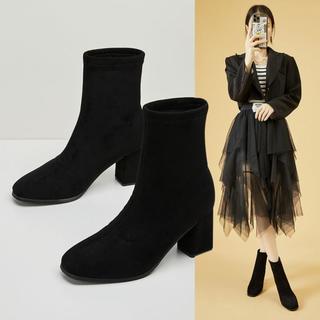 冬季加绒瘦瘦靴百搭切尔西靴短靴粗跟弹力靴女靴