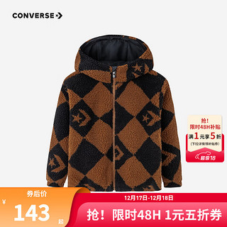 CONVERSE 匡威 童装男女童摇粒绒外套冬季儿童满印格纹儿童加绒针织夹克 焦糖色 130/64