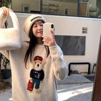 薇靡雅 WEIMIYA可爱小熊毛衣女秋冬2024韩版套头慵懒风高级感小个子针 2775米色 均码