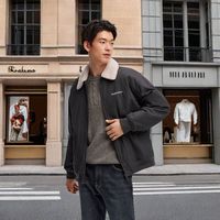 森马 Semir夹克男2024冬季复古拼接仿羊羔毛翻领外套宽松绣花棉服潮