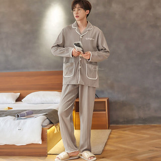 南极人男士睡衣男春秋棉翻领开衫长袖宽松可外穿家居服抽条浅灰XL